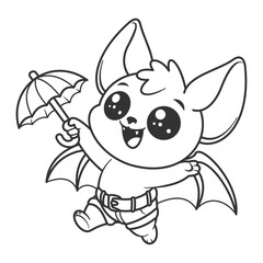 Cute bat animal image design carrying an umbrella, for coloring