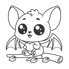 Cute bat sitting on a tree branch, for coloring