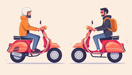 A pair of buddies cruise along on stylish vintage scooters, riding abreast