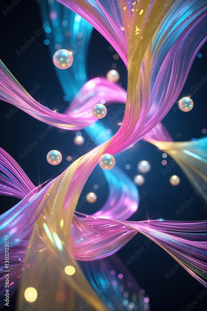 Poster vibrant swirling strands create a captivating abstract composition with floating orbs in a dark back