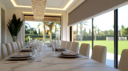 Obraz premium Elegant dining room setup with a long table, glassware, and a view of a sunny garden outside