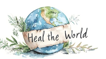 Powerful watercolor painting of the Earth wrapped in a healing bandage representing environmental and the message  Heal the World  depicted in a raw expressive lettering style against a clean