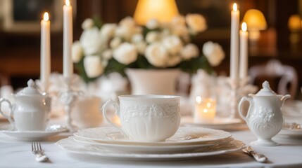 Elegant white table setting featuring a tea cup and saucer.