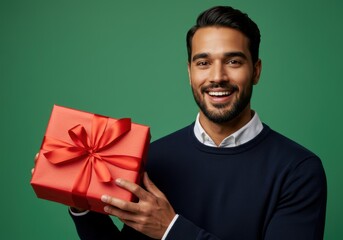 Smiling man holding red gift box on green background