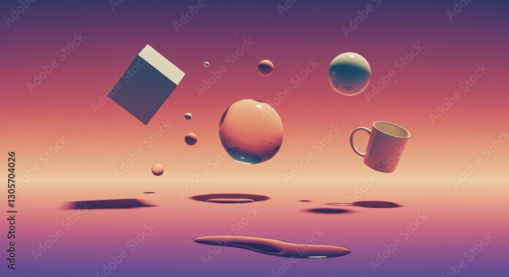 Poster surreal floating objects against gradient sky with cube, spheres, and mug