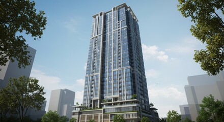 Modern high-rise skyscraper in urban landscape with clear blue sky and green foliage