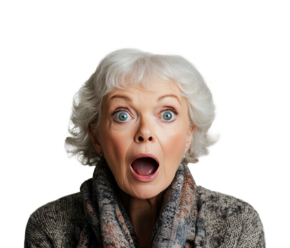 Shock and surprise elderly woman. Isolated on transparent background, png.