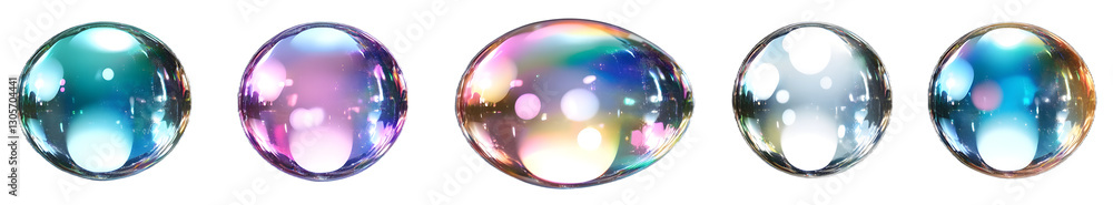 Poster set of realistic transparent colorful soap bubbles with rainbow reflection isolated on transparent b