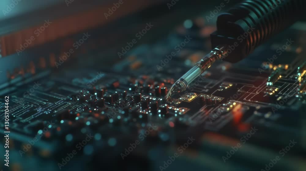 Poster professional soldering process demonstrating precise placement of electronic components, creating re