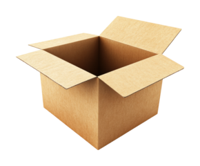 Open cardboard box in bright room. Isolated on transparent background, png.