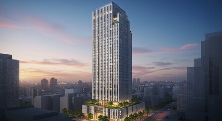 Fototapeta premium Modern skyscraper at sunset in urban cityscape with tall glass building