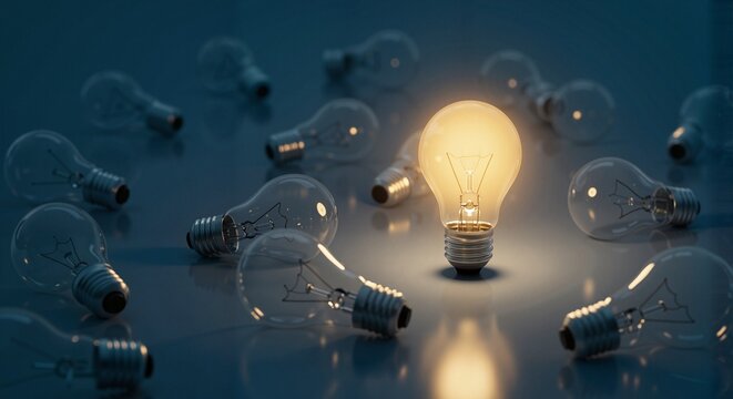 One glowing lightbulb among many, unique leadership and creative thinking concept for business and entrepreneurship branding
