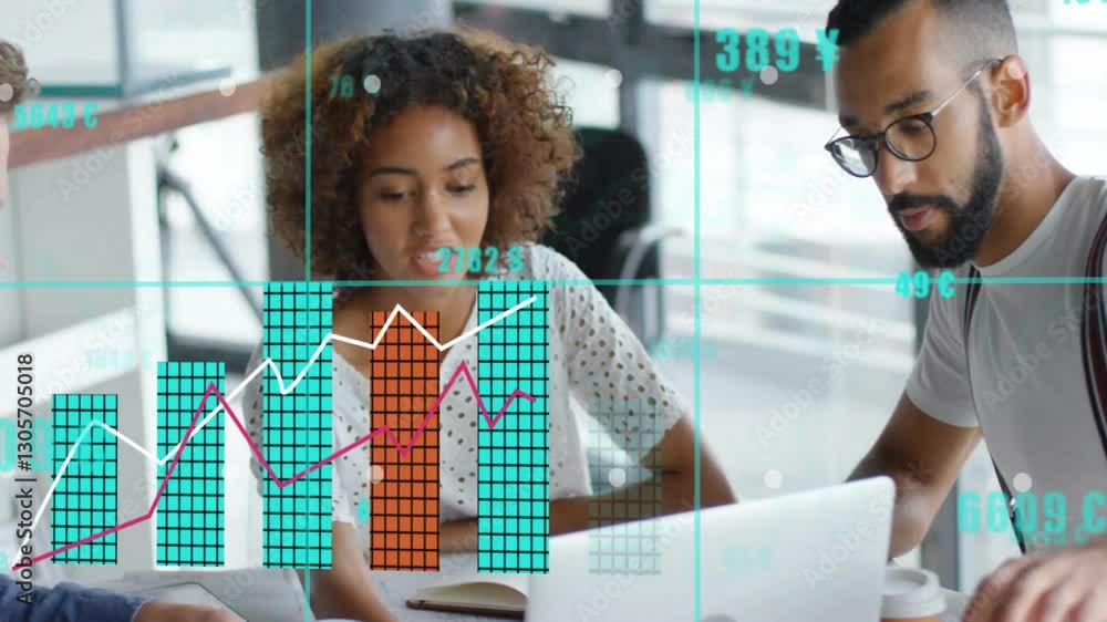 Poster analyzing financial graphs, business team in office using animation for data visualization