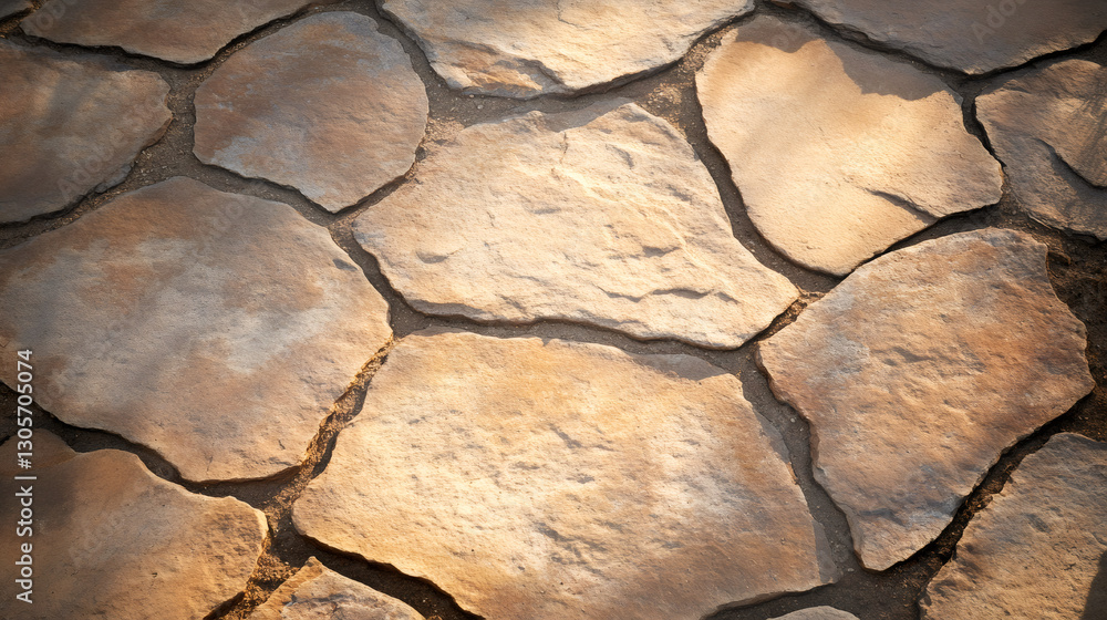 Poster Sunlight illuminating a pathway paved with irregular flagstones, creating an interesting texture and pattern