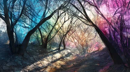 Obraz premium Surreal colorful forest path with vibrant trees and magical light.