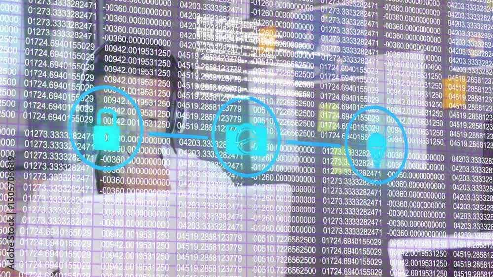 Poster Animation of binary code overlaying urban cityscape with digital circular icons