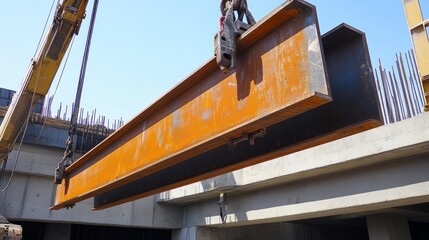 Construction crane lifting steel beams at construction site, bright midday light, neutral gray and orange tones, and busy industrial vibe, close-up shot.