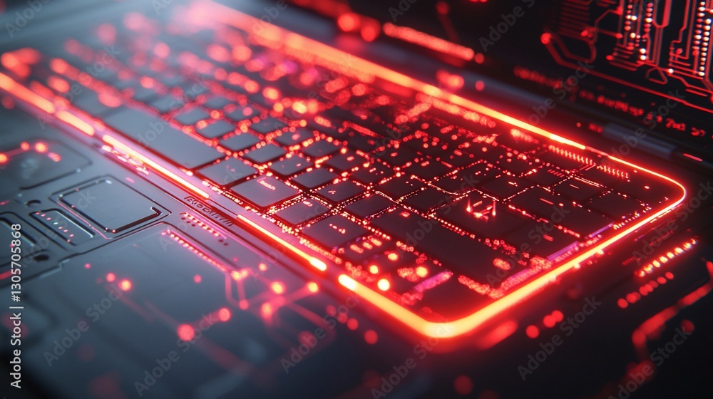 Poster glowing red circuit lines on a laptop keyboard.