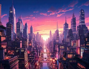 Naklejka premium A stunning view of a futuristic city skyline at sunset, showcasing towering skyscrapers and vibrant colors in the sky. Concept of urban development and technology.