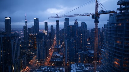 Fototapeta premium Construction crane towering over city skyline at dusk, soft ambient light, cool blue and gray tones, and sleek modern atmosphere, wide-angle shot.