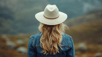 Aerial view of the back of a woman observing a vast desert landscape, revealing hidden details and natural beauty, evoking a sense of wonder and connection with nature