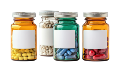 Medicine bottles in healthcare action. Isolated on transparent background, png.