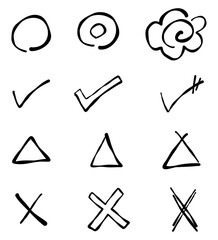 手書きの採点記号、丸、バツ、三角、花丸、デコレーションセット