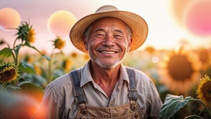 Fototapeta premium Smiling farmer in a sunflower field during sunset captures the essence of rural life and hard work