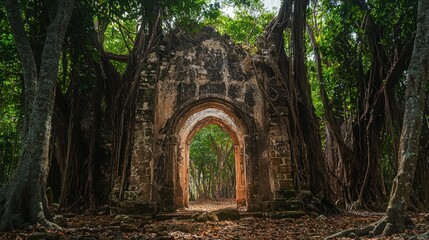 Fototapeta premium Ancient stone archway overgrown by jungle trees.