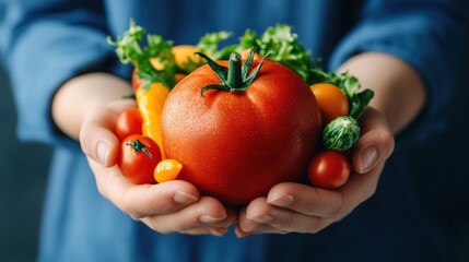 A person holds a tomato and assorted vegetables in their hands.