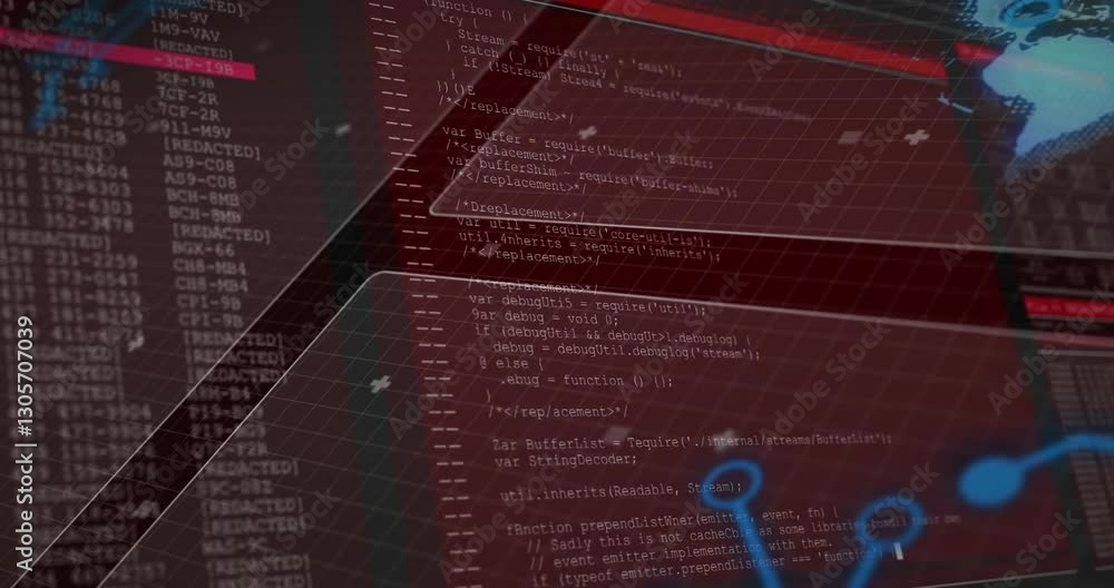 Poster animation showing computer code and digital interface with red and blue graphics