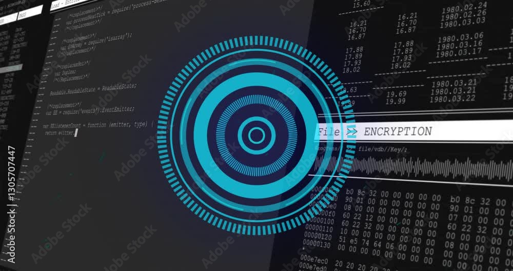 Poster animation of digital encryption with coding and circular interface in school setting