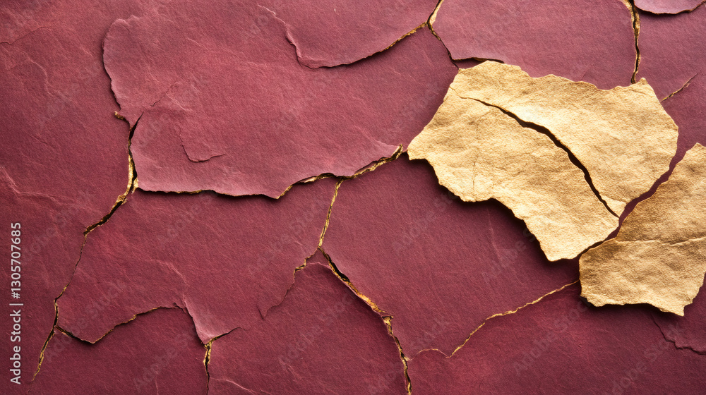 Poster cracked burgundy surface exposing golden layer beneath, forming intricate abstract texture pattern