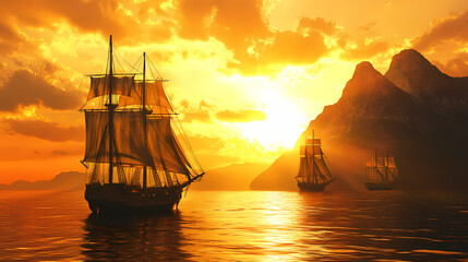 Fototapeta premium Three majestic tall ships sailing on the open ocean under a vibrant golden sunset. Majestic - Mountain. Illustration