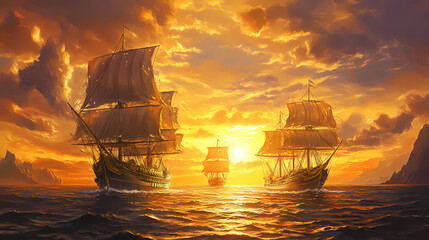 Three majestic tall ships sailing on the open ocean under a vibrant golden sunset. Majestic - Mountain. Illustration - obrazy, fototapety, plakaty