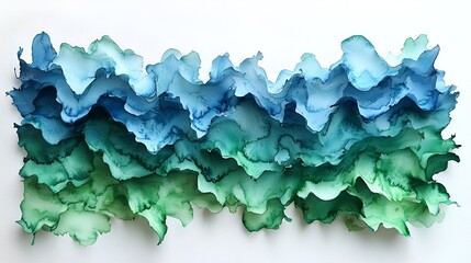Abstract watercolor layered paper art, wavy shapes, shades of blue and green