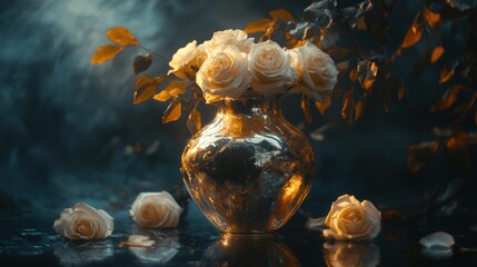 Elegant Still Life: Golden Vase with White Roses in Dramatic Lighting