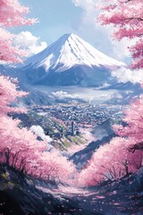 Beautiful cherry blossom flower at full blooming in Spring with mt. Fuji.