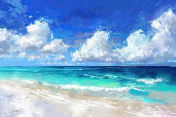 Obraz premium A picturesque scene of a white sandy beach with clear blue water and white, fluffy clouds in the sky