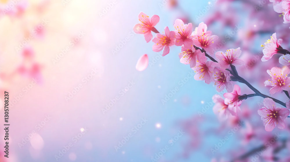Poster cherry blossom branch with amazing pink flowers and falling petals on a colorful background with bok