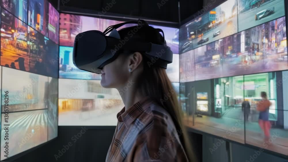 Poster software engineer enjoying virtual reality experience in simulation room, exploring immersive urban 