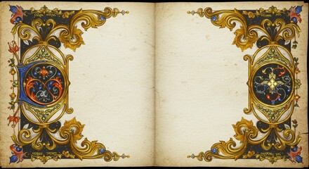 Vintage ornate manuscript with intricate gold and floral borders on aged paper
