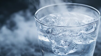 Icy Refreshment: A Glass of Chilled Water with Ice Cubes and Vapor