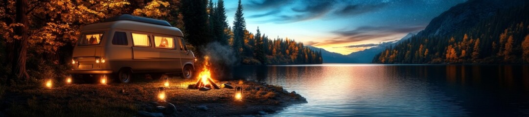 Fototapeta premium A Peaceful Autumn Evening by the Lake with a Retro Camper Van and Campfire. Generative AI