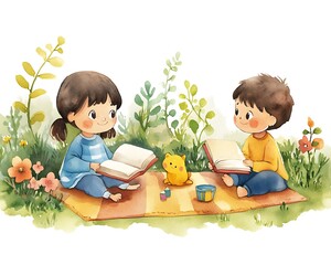 Kids Reading on Blanket in Garden