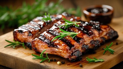 Various grilled meat skewers are beautifully presented on a wooden surface, garnished with fresh herbs. The dish showcases vibrant colors and a mouthwatering aroma, ideal for outdoor meals.
