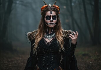 Obraz premium Enchanting forest queen with skull makeup in mysterious woodland setting