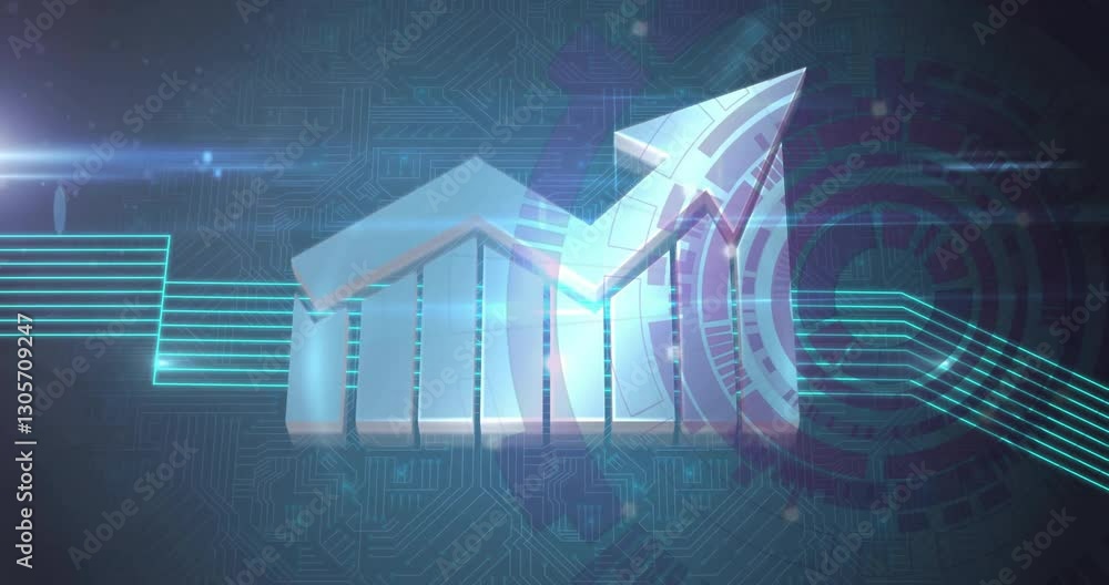 Poster animation of arrow and bar graph showing growth over digital circuit background