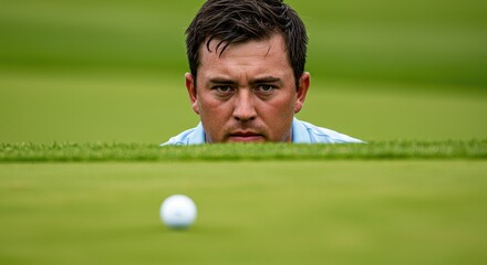 Focused golfer analyzing putt on course