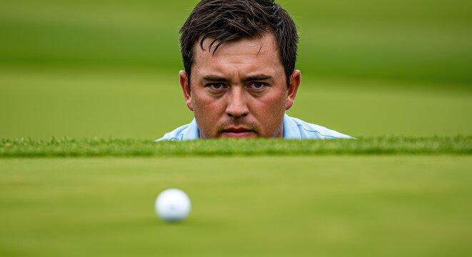 Focused golfer analyzing putt on course